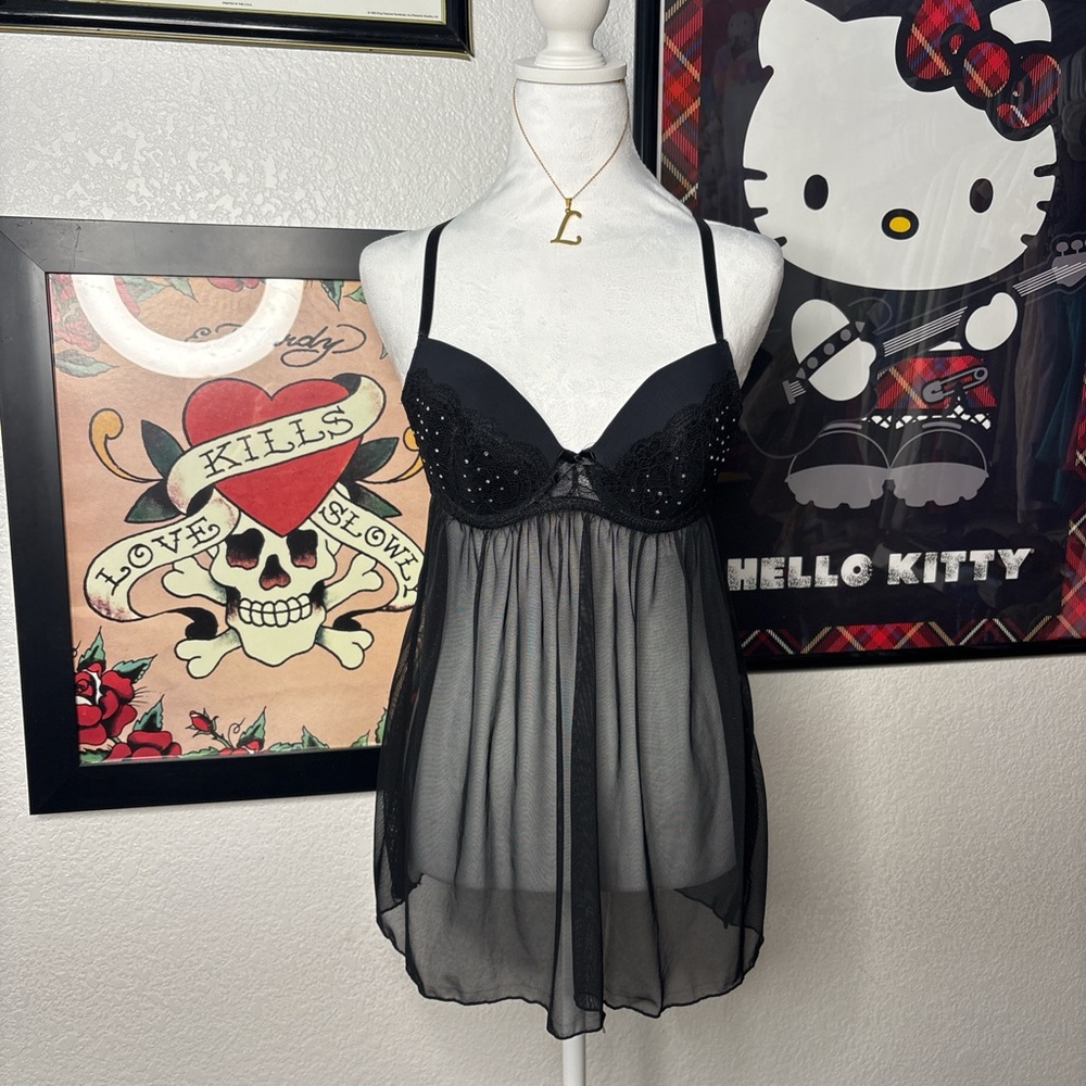 Black Mesh Babydoll Lingerie Dress Rhinestone Sheer Coquette Grunge Y2K Fairy